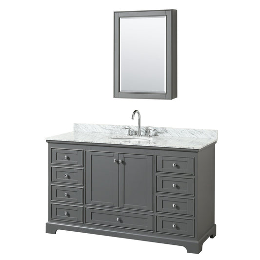 Wyndham Collection Deborah 60" Single Bathroom Vanity in Dark Gray, White Carrara Marble Countertop, Undermount Oval Sink, and Medicine Cabinet