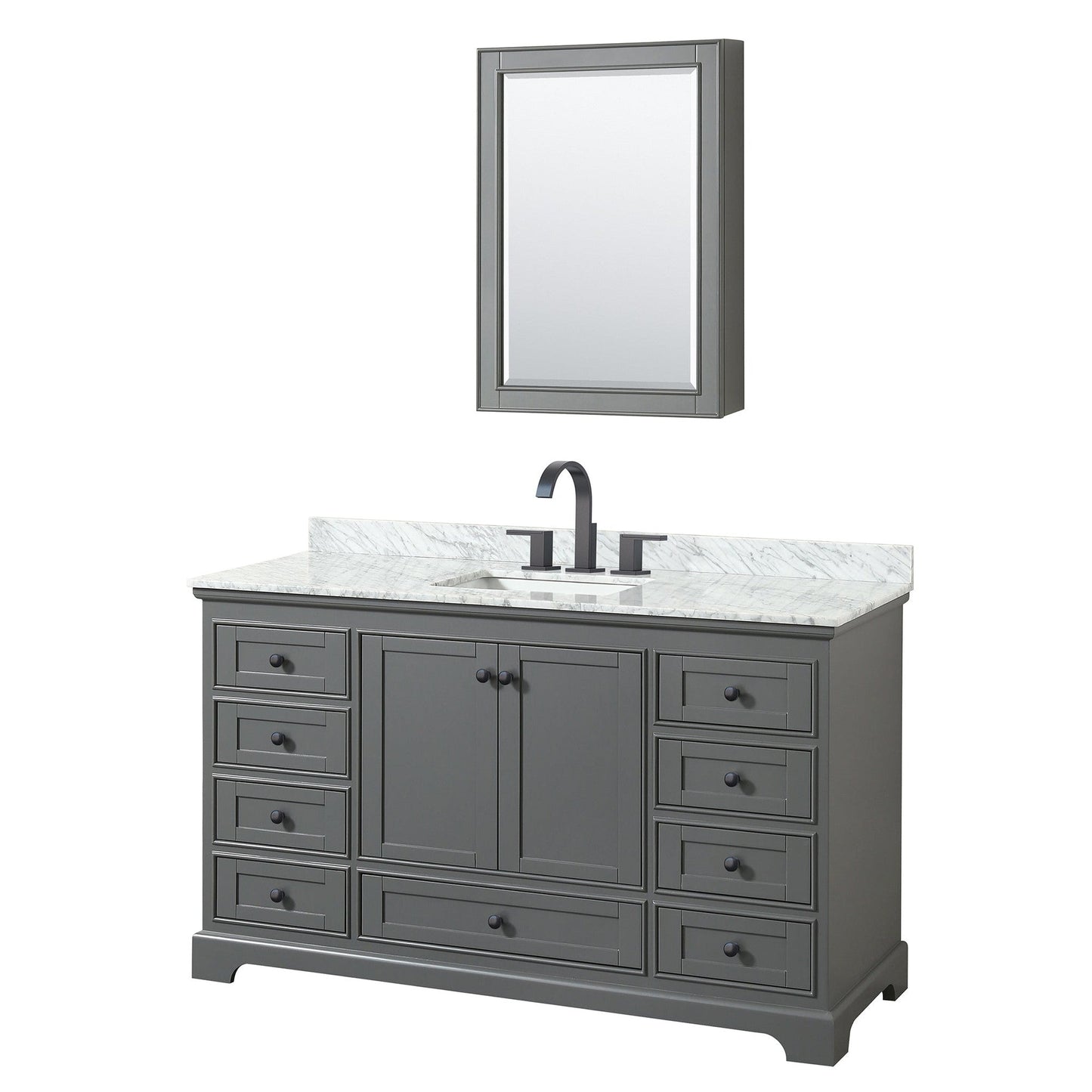 Wyndham Collection Deborah 60" Single Bathroom Vanity in Dark Gray, White Carrara Marble Countertop, Undermount Square Sink, Matte Black Trim, Medicine Cabinet