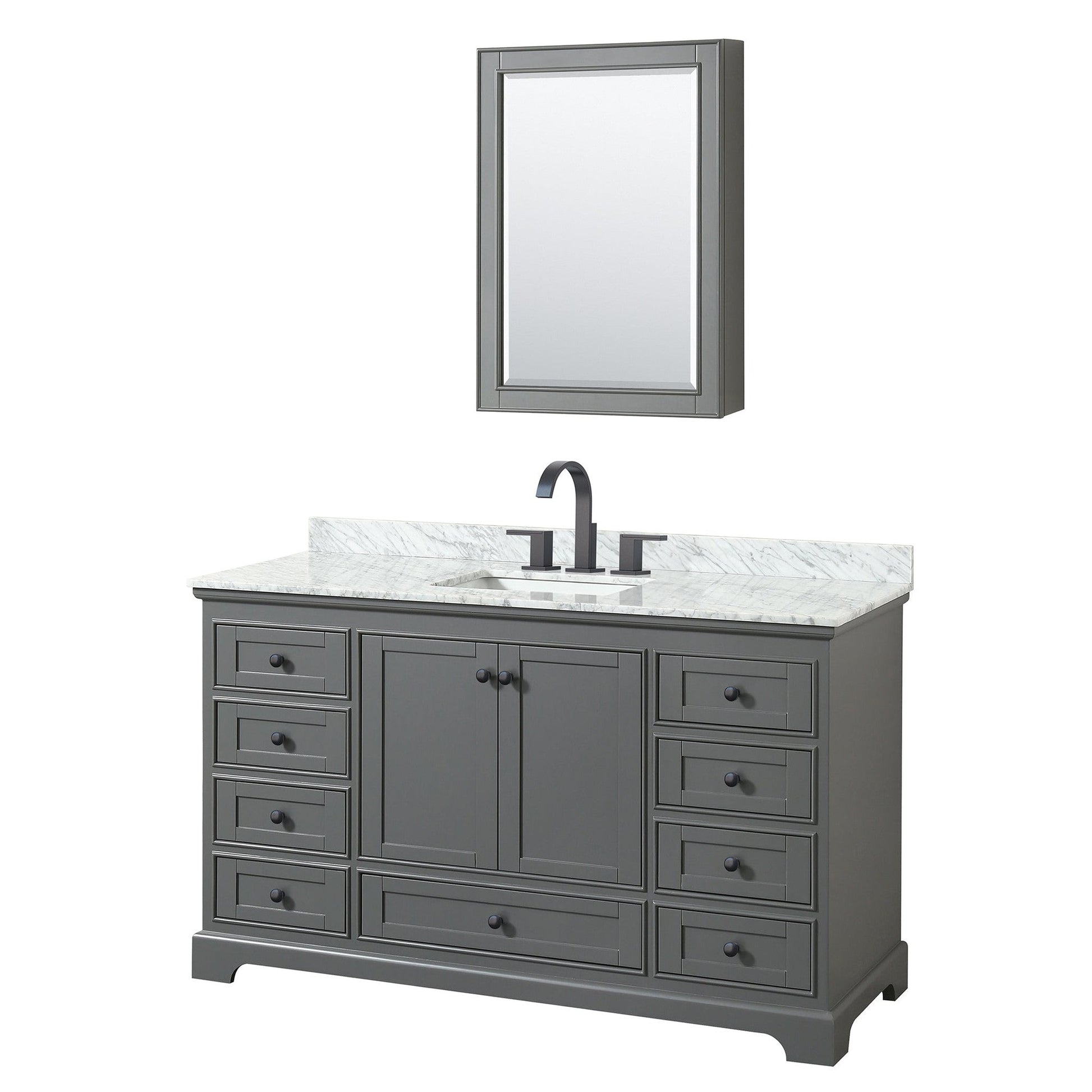 Wyndham Collection Deborah 60" Single Bathroom Vanity in Dark Gray, White Carrara Marble Countertop, Undermount Square Sink, Matte Black Trim, Medicine Cabinet