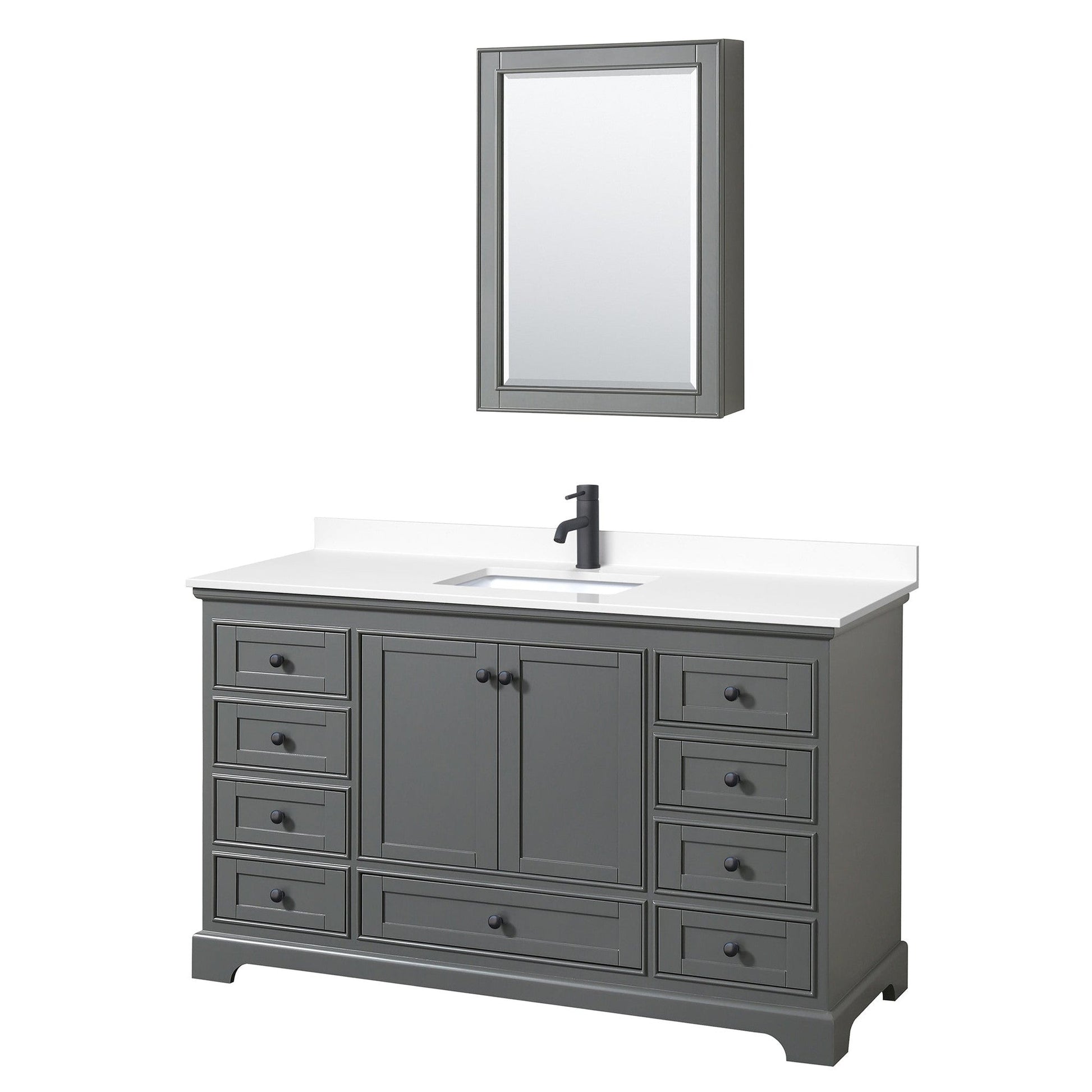 Wyndham Collection Deborah 60" Single Bathroom Vanity in Dark Gray, White Cultured Marble Countertop, Undermount Square Sink, Matte Black Trim, Medicine Cabinet