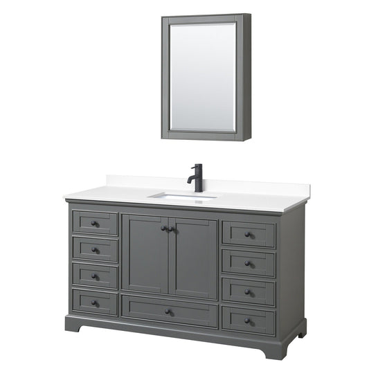 Wyndham Collection Deborah 60" Single Bathroom Vanity in Dark Gray, White Cultured Marble Countertop, Undermount Square Sink, Matte Black Trim, Medicine Cabinet