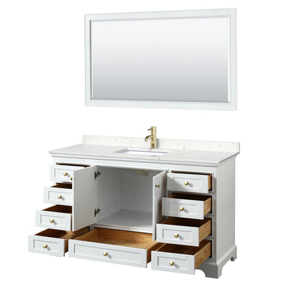 Wyndham Collection Deborah 60" Single Bathroom Vanity in White, Carrara Cultured Marble Countertop, Undermount Square Sink, Brushed Gold Trim, 58" Mirror