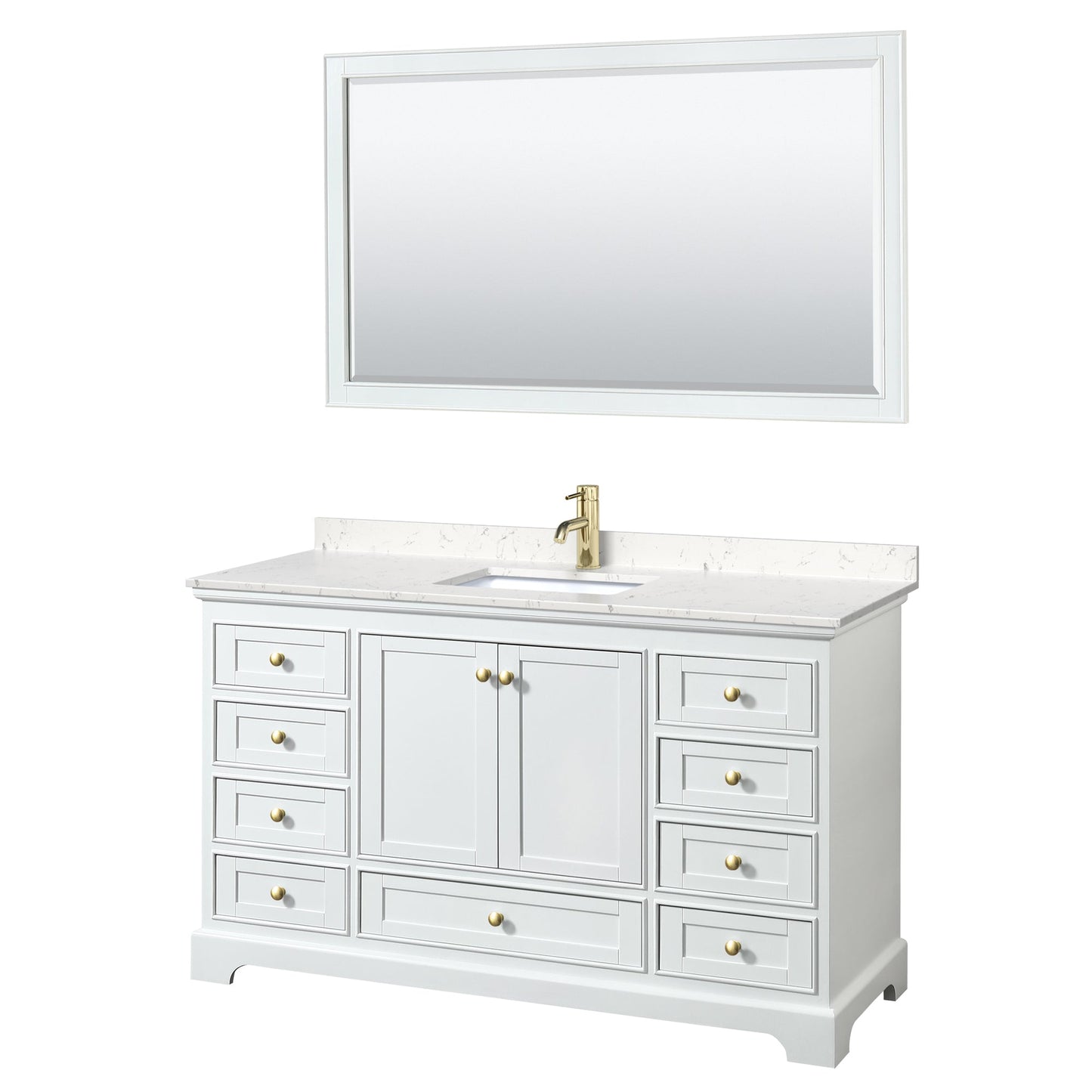 Wyndham Collection Deborah 60" Single Bathroom Vanity in White, Carrara Cultured Marble Countertop, Undermount Square Sink, Brushed Gold Trim, 58" Mirror