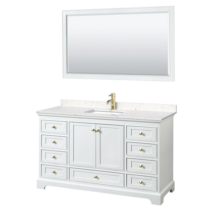 Wyndham Collection Deborah 60" Single Bathroom Vanity in White, Carrara Cultured Marble Countertop, Undermount Square Sink, Brushed Gold Trim, 58" Mirror