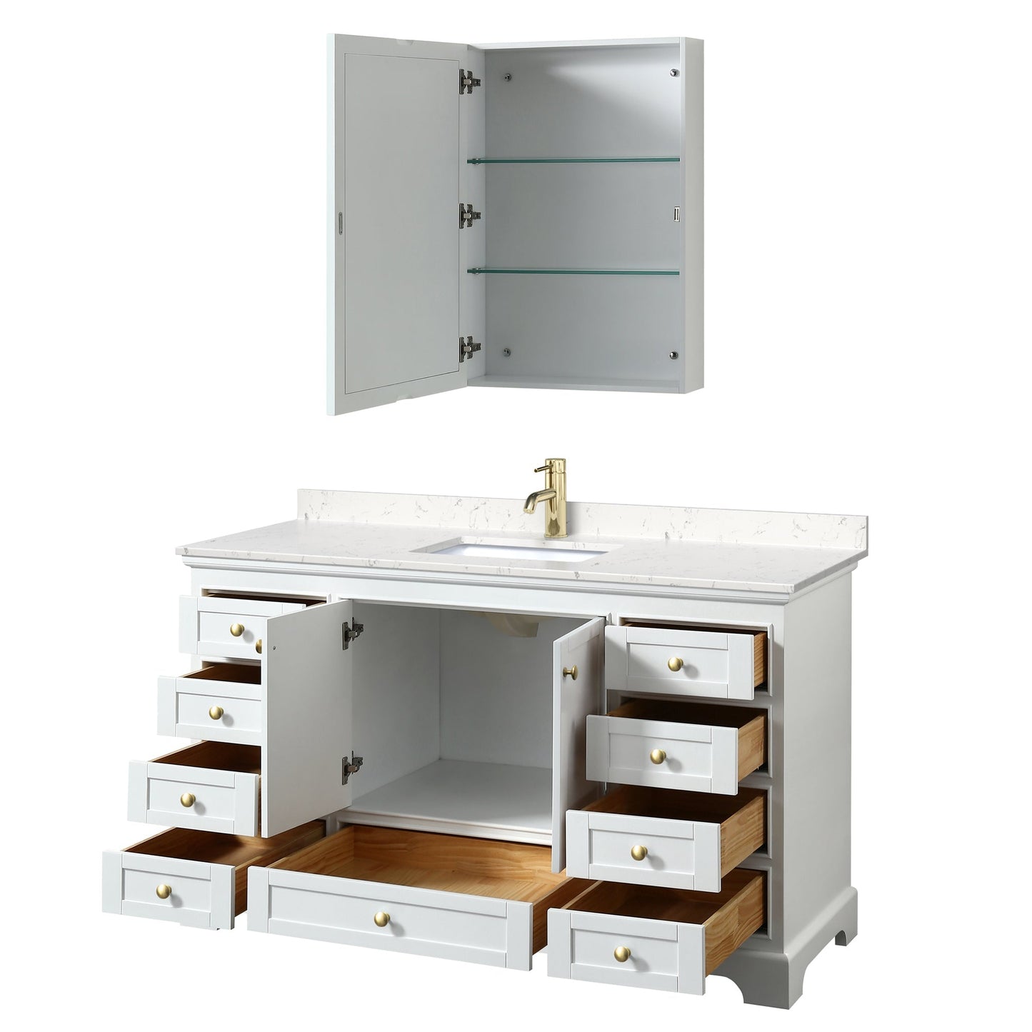 Wyndham Collection Deborah 60" Single Bathroom Vanity in White, Carrara Cultured Marble Countertop, Undermount Square Sink, Brushed Gold Trim, Medicine Cabinet