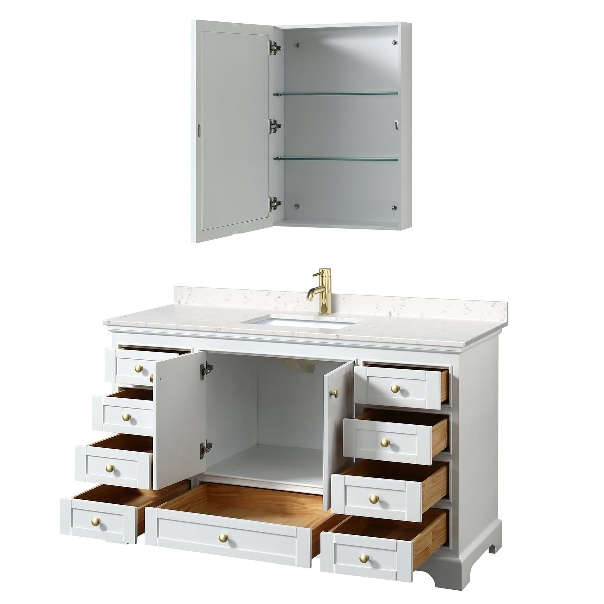 Wyndham Collection Deborah 60" Single Bathroom Vanity in White, Carrara Cultured Marble Countertop, Undermount Square Sink, Brushed Gold Trim, Medicine Cabinet