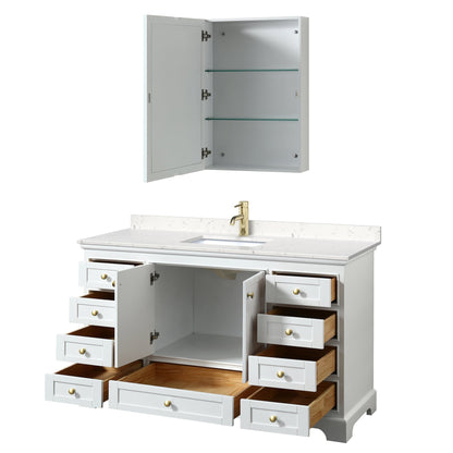 Wyndham Collection Deborah 60" Single Bathroom Vanity in White, Carrara Cultured Marble Countertop, Undermount Square Sink, Brushed Gold Trim, Medicine Cabinet