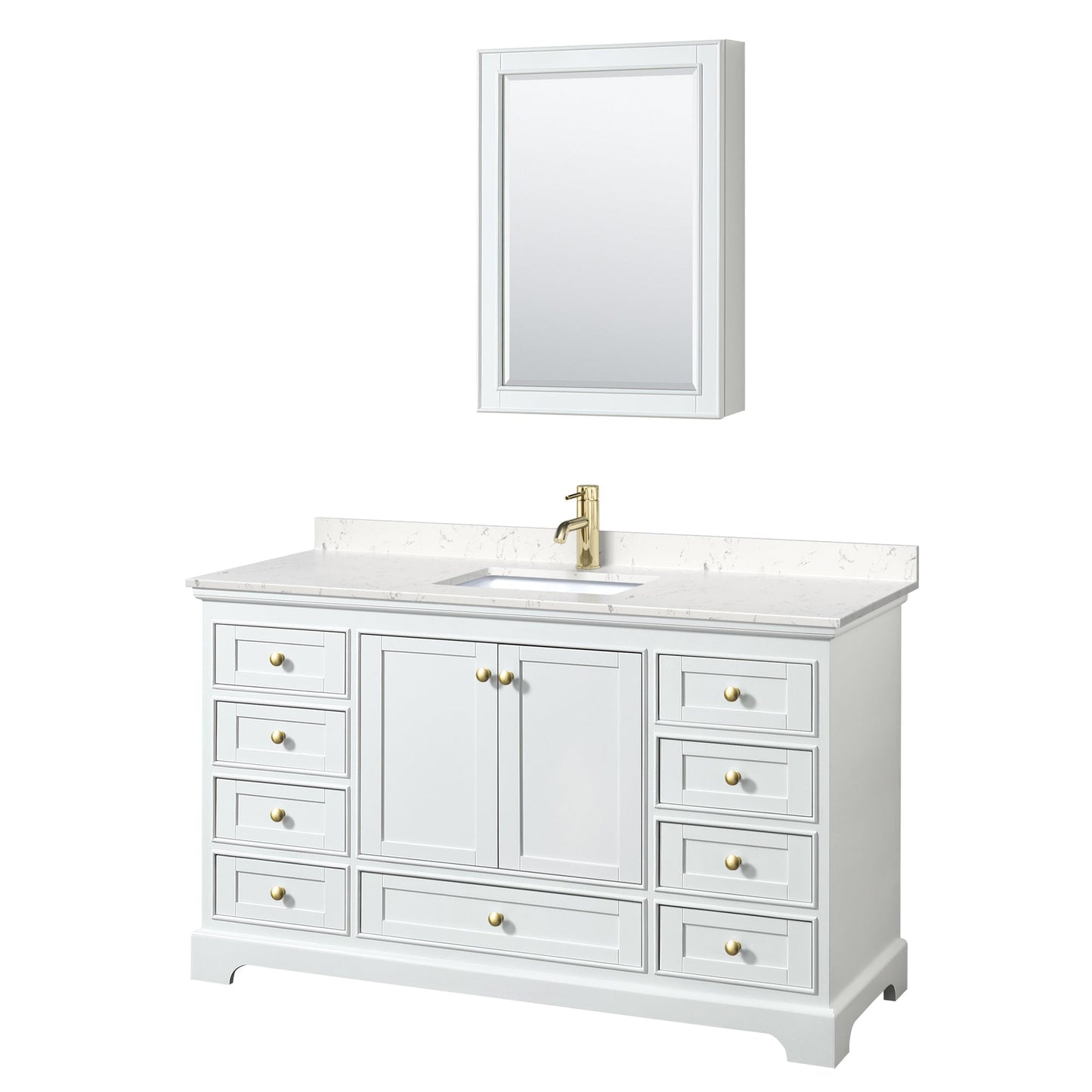Wyndham Collection Deborah 60" Single Bathroom Vanity in White, Carrara Cultured Marble Countertop, Undermount Square Sink, Brushed Gold Trim, Medicine Cabinet