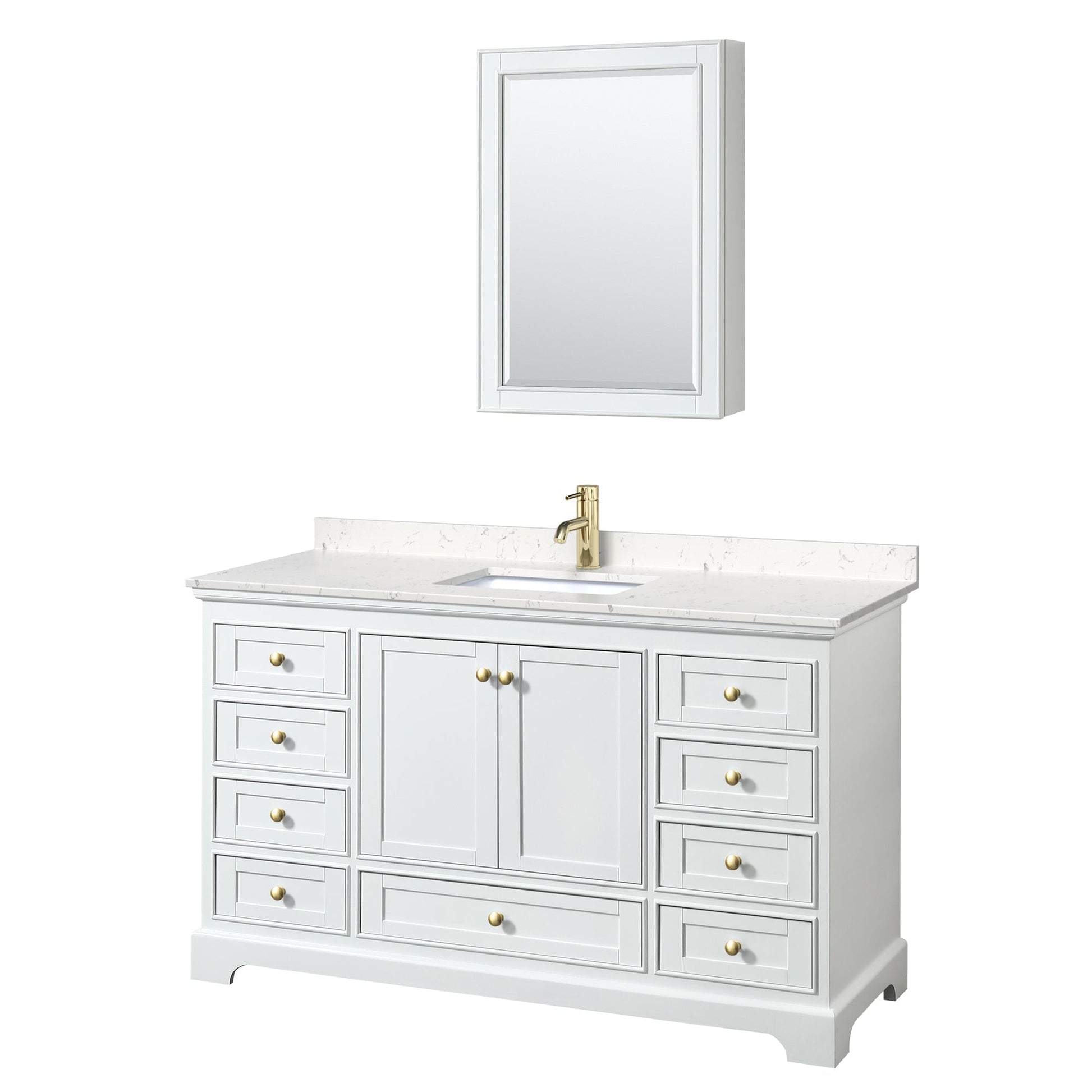 Wyndham Collection Deborah 60" Single Bathroom Vanity in White, Carrara Cultured Marble Countertop, Undermount Square Sink, Brushed Gold Trim, Medicine Cabinet