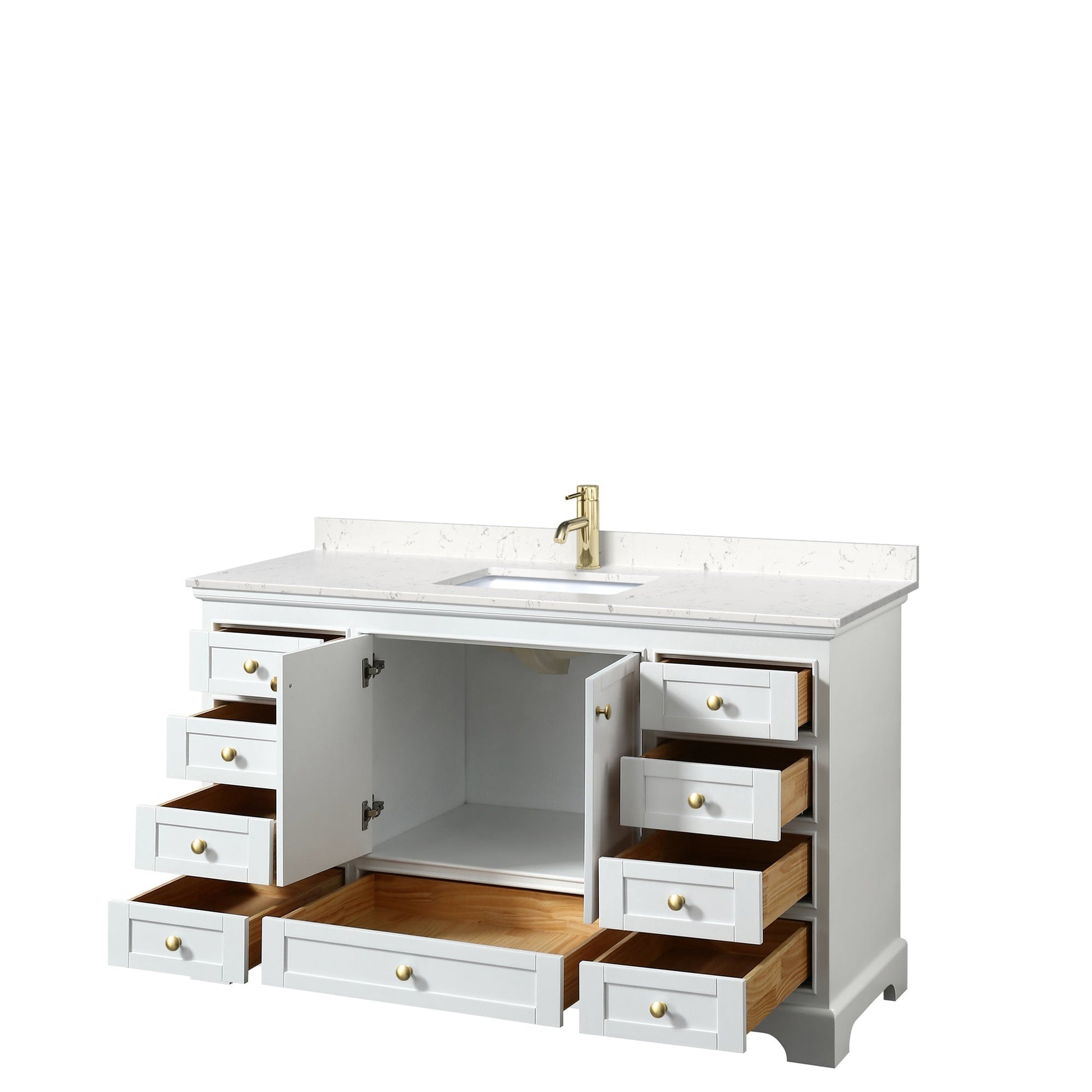 Wyndham Collection Deborah 60" Single Bathroom Vanity in White, Carrara Cultured Marble Countertop, Undermount Square Sink, Brushed Gold Trim, No Mirror