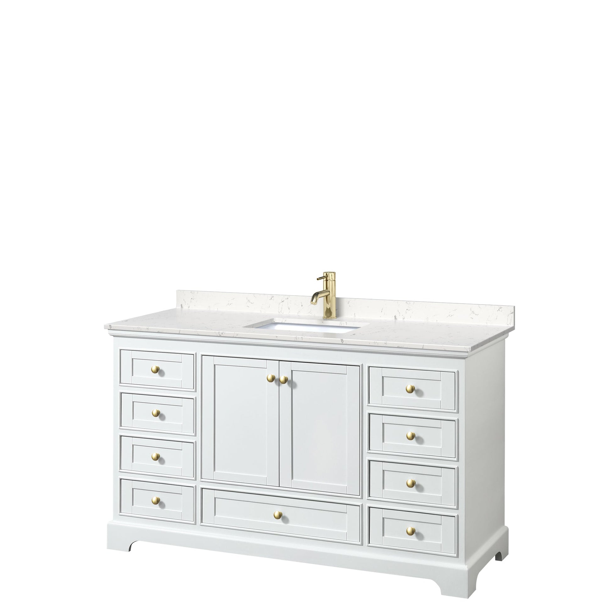 Wyndham Collection Deborah 60" Single Bathroom Vanity in White, Carrara Cultured Marble Countertop, Undermount Square Sink, Brushed Gold Trim, No Mirror