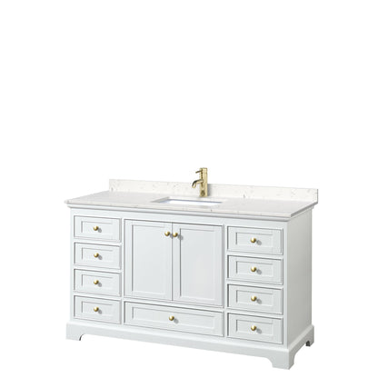 Wyndham Collection Deborah 60" Single Bathroom Vanity in White, Carrara Cultured Marble Countertop, Undermount Square Sink, Brushed Gold Trim, No Mirror