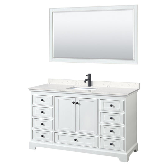 Wyndham Collection Deborah 60" Single Bathroom Vanity in White, Carrara Cultured Marble Countertop, Undermount Square Sink, Matte Black Trim, 58" Mirror