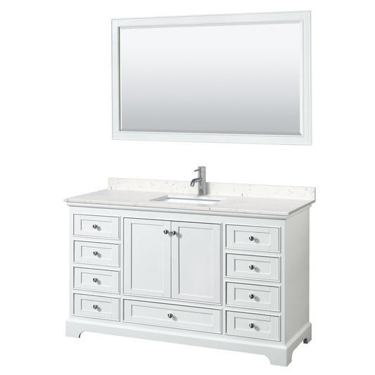 Wyndham Collection Deborah 60" Single Bathroom Vanity in White, Light-Vein Carrara Cultured Marble Countertop, Undermount Square Sink, 58" Mirror