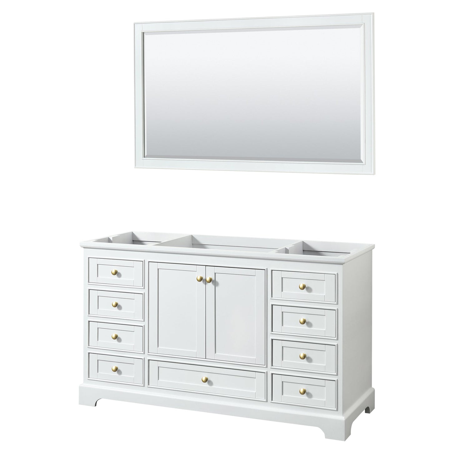 Wyndham Collection Deborah 60" Single Bathroom Vanity in White, No Countertop, No Sink, Brushed Gold Trim, 58" Mirror