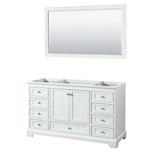 Wyndham Collection Deborah 60" Single Bathroom Vanity in White, No Countertop, No Sink, Brushed Gold Trim, 58" Mirror