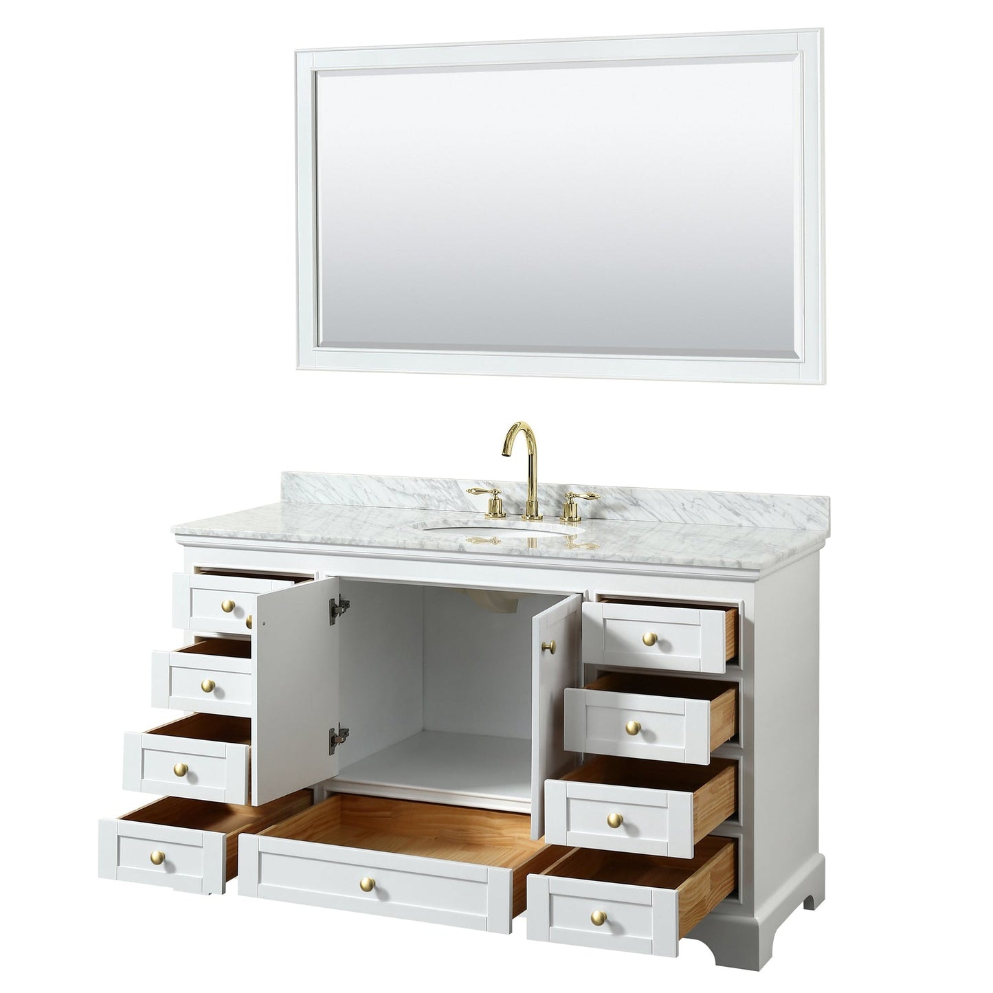 Wyndham Collection Deborah 60" Single Bathroom Vanity in White, White Carrara Marble Countertop, Undermount Oval Sink, Brushed Gold Trim, 58" Mirror