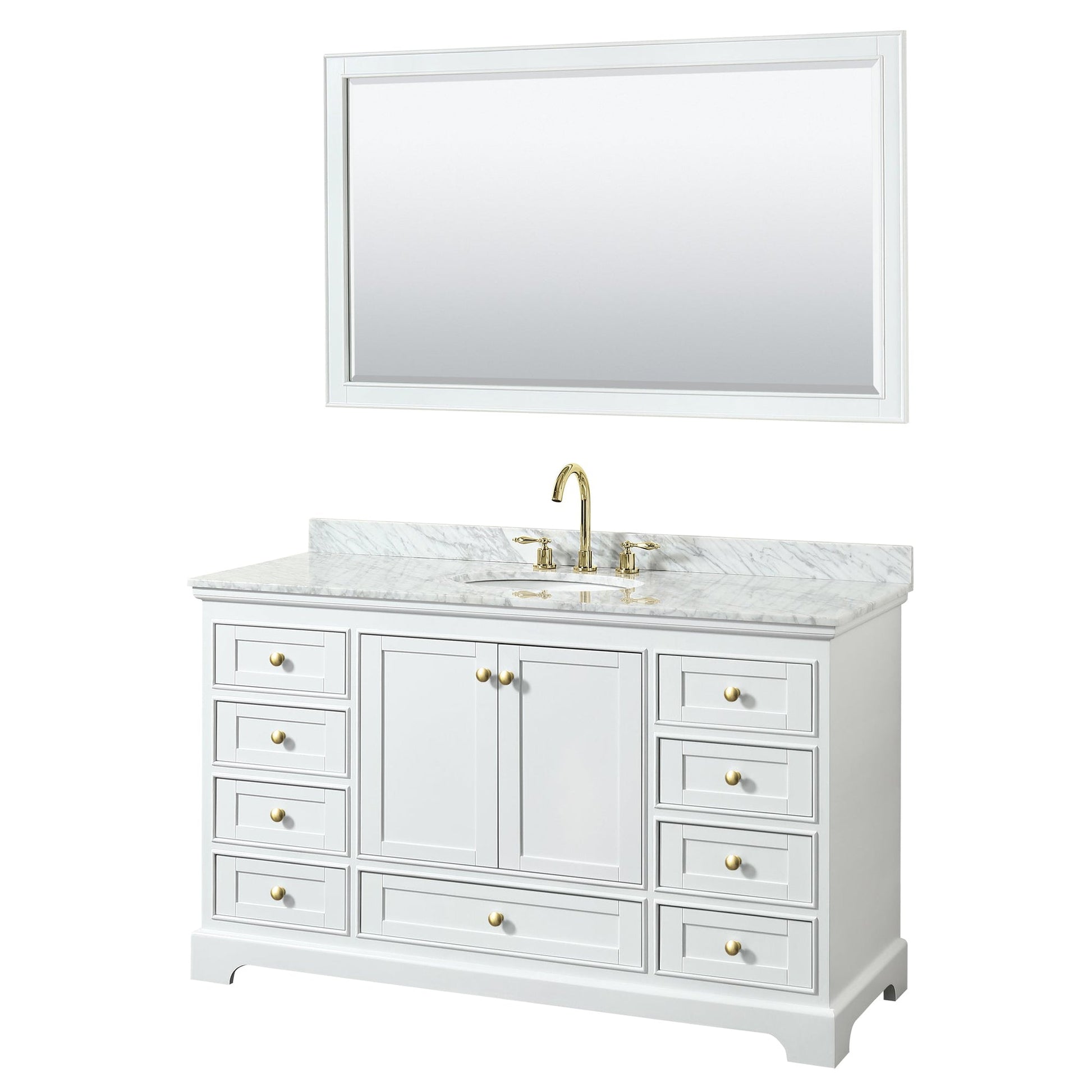 Wyndham Collection Deborah 60" Single Bathroom Vanity in White, White Carrara Marble Countertop, Undermount Oval Sink, Brushed Gold Trim, 58" Mirror