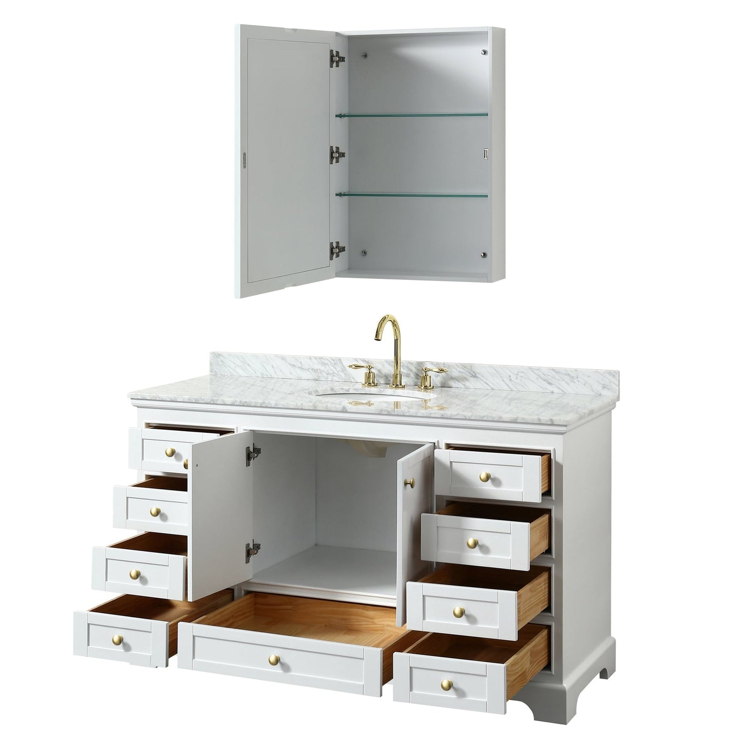 Wyndham Collection Deborah 60" Single Bathroom Vanity in White, White Carrara Marble Countertop, Undermount Oval Sink, Brushed Gold Trim, Medicine Cabinet