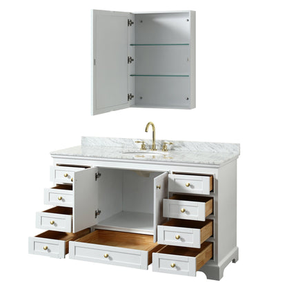 Wyndham Collection Deborah 60" Single Bathroom Vanity in White, White Carrara Marble Countertop, Undermount Oval Sink, Brushed Gold Trim, Medicine Cabinet