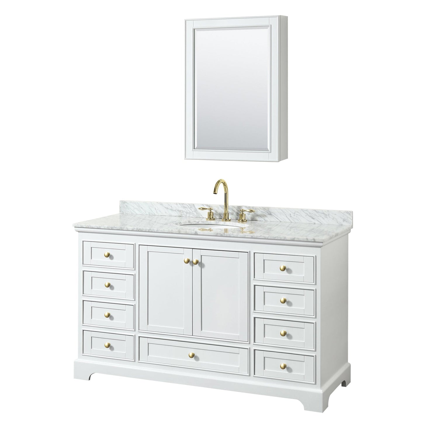 Wyndham Collection Deborah 60" Single Bathroom Vanity in White, White Carrara Marble Countertop, Undermount Oval Sink, Brushed Gold Trim, Medicine Cabinet
