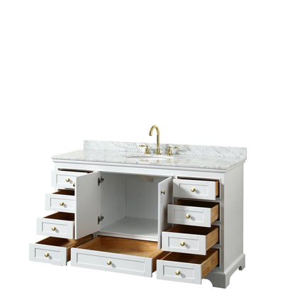 Wyndham Collection Deborah 60" Single Bathroom Vanity in White, White Carrara Marble Countertop, Undermount Oval Sink, Brushed Gold Trim, No Mirror