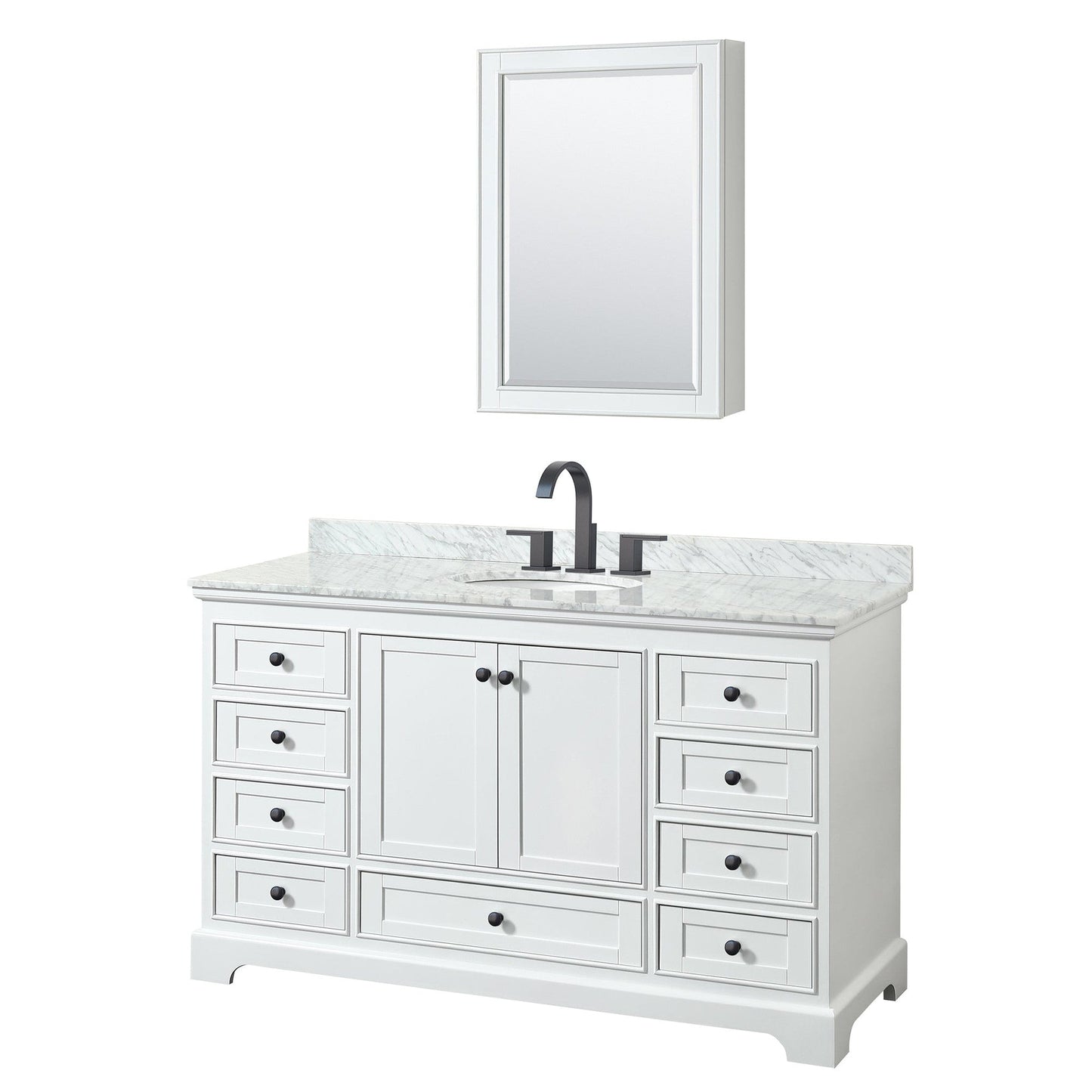 Wyndham Collection Deborah 60" Single Bathroom Vanity in White, White Carrara Marble Countertop, Undermount Oval Sink, Matte Black Trim, Medicine Cabinet