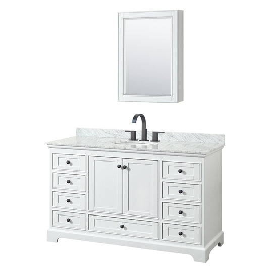 Wyndham Collection Deborah 60" Single Bathroom Vanity in White, White Carrara Marble Countertop, Undermount Oval Sink, Matte Black Trim, Medicine Cabinet