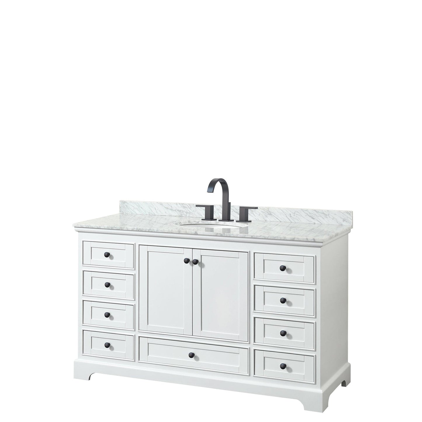 Wyndham Collection Deborah 60" Single Bathroom Vanity in White, White Carrara Marble Countertop, Undermount Oval Sink, Matte Black Trim