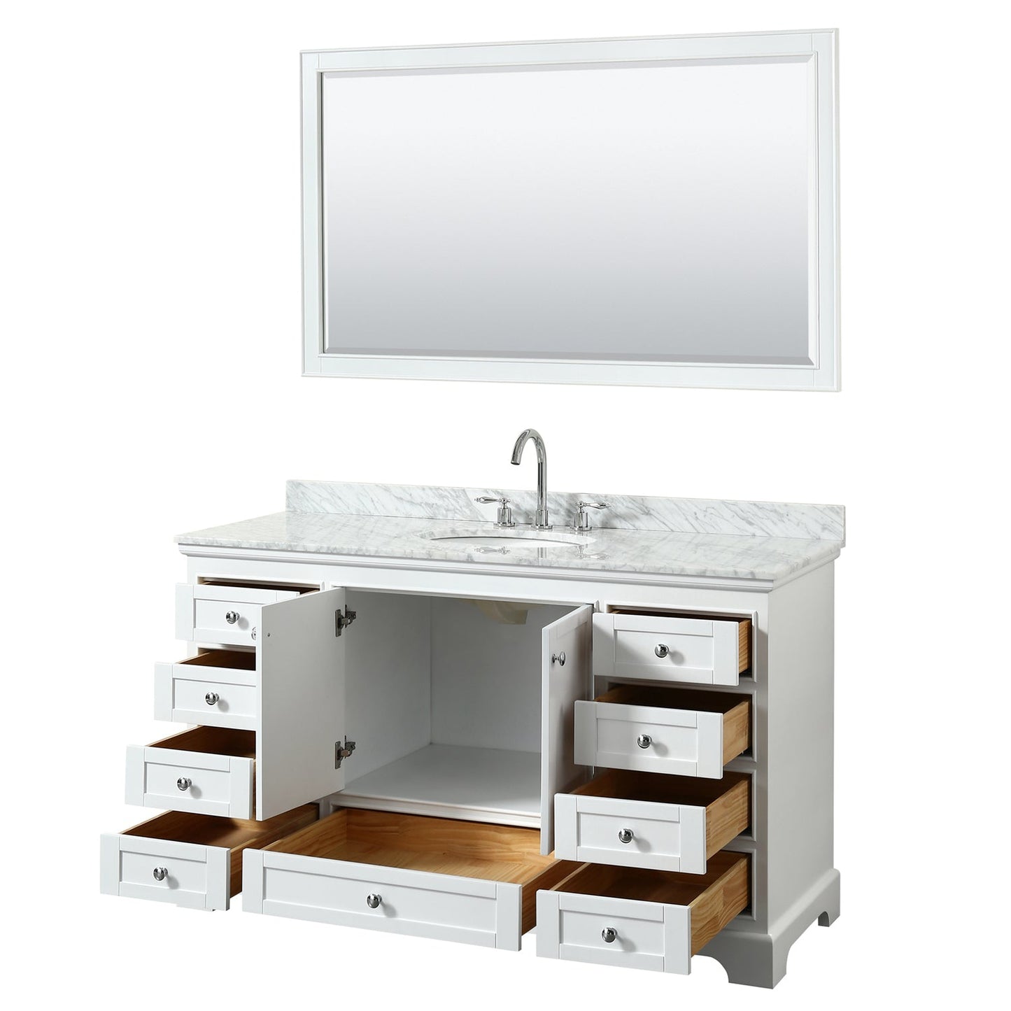 Wyndham Collection Deborah 60" Single Bathroom Vanity in White, White Carrara Marble Countertop, Undermount Oval Sink, and 58" Mirror