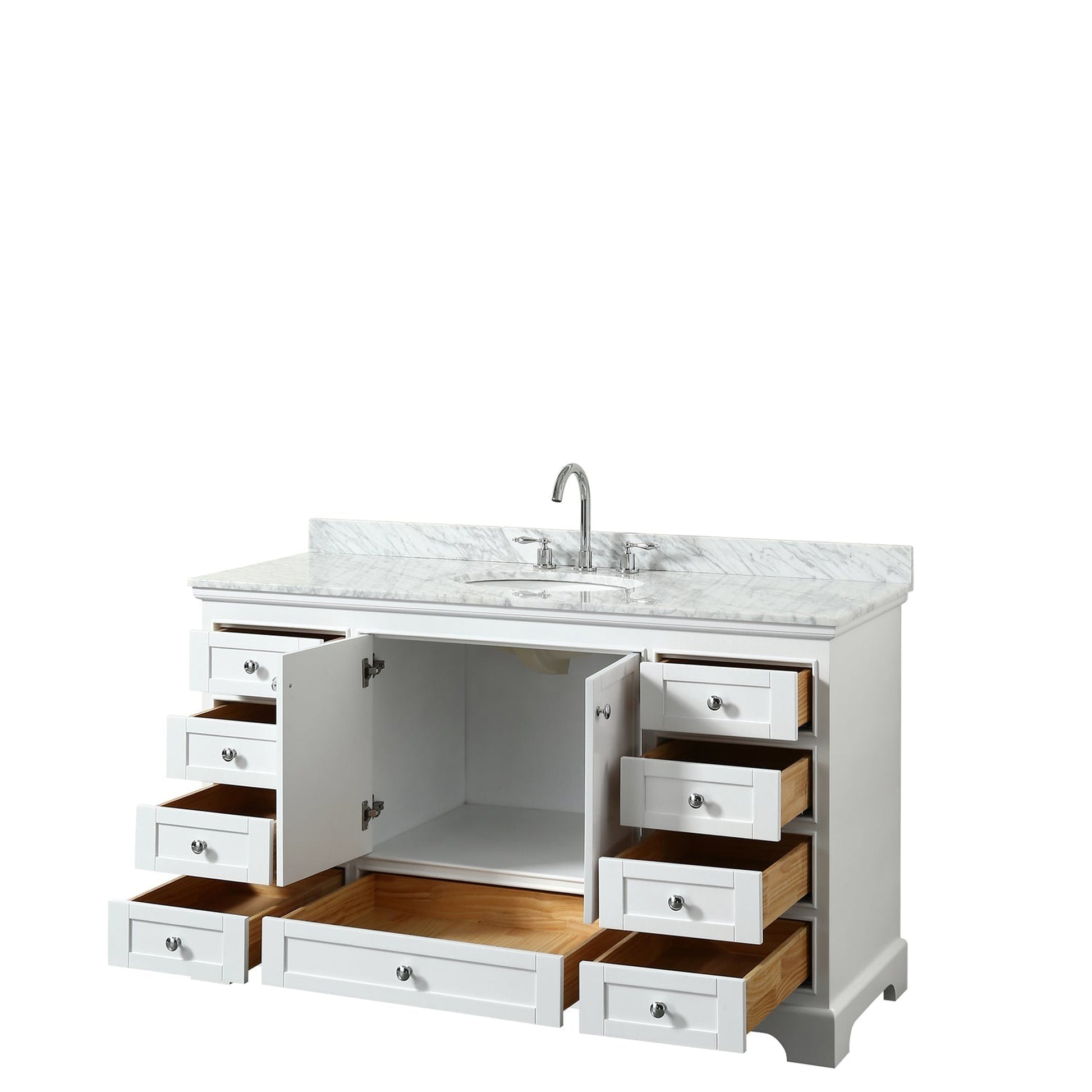 Wyndham Collection Deborah 60" Single Bathroom Vanity in White, White Carrara Marble Countertop, Undermount Oval Sink, and No Mirror