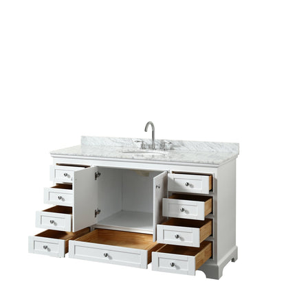 Wyndham Collection Deborah 60" Single Bathroom Vanity in White, White Carrara Marble Countertop, Undermount Oval Sink, and No Mirror