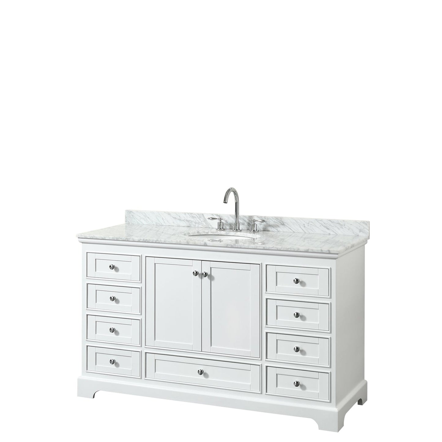 Wyndham Collection Deborah 60" Single Bathroom Vanity in White, White Carrara Marble Countertop, Undermount Oval Sink, and No Mirror