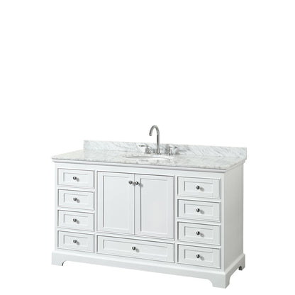 Wyndham Collection Deborah 60" Single Bathroom Vanity in White, White Carrara Marble Countertop, Undermount Oval Sink, and No Mirror