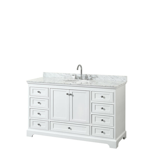 Wyndham Collection Deborah 60" Single Bathroom Vanity in White, White Carrara Marble Countertop, Undermount Oval Sink, and No Mirror