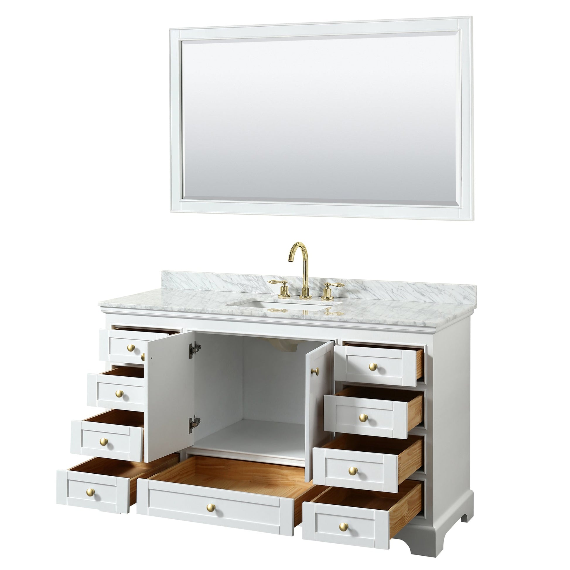 Wyndham Collection Deborah 60" Single Bathroom Vanity in White, White Carrara Marble Countertop, Undermount Square Sink, Brushed Gold Trim, 58" Mirror