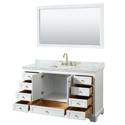 Wyndham Collection Deborah 60" Single Bathroom Vanity in White, White Carrara Marble Countertop, Undermount Square Sink, Brushed Gold Trim, 58" Mirror