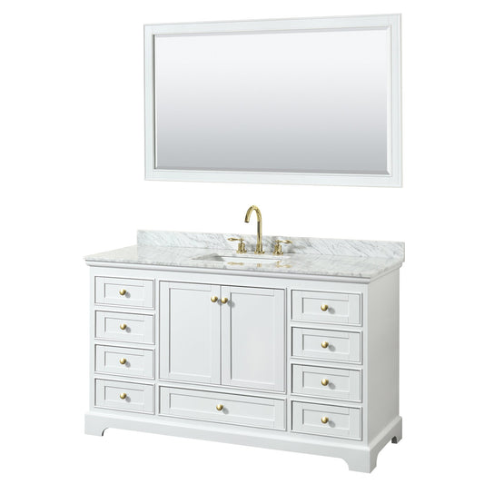 Wyndham Collection Deborah 60" Single Bathroom Vanity in White, White Carrara Marble Countertop, Undermount Square Sink, Brushed Gold Trim, 58" Mirror