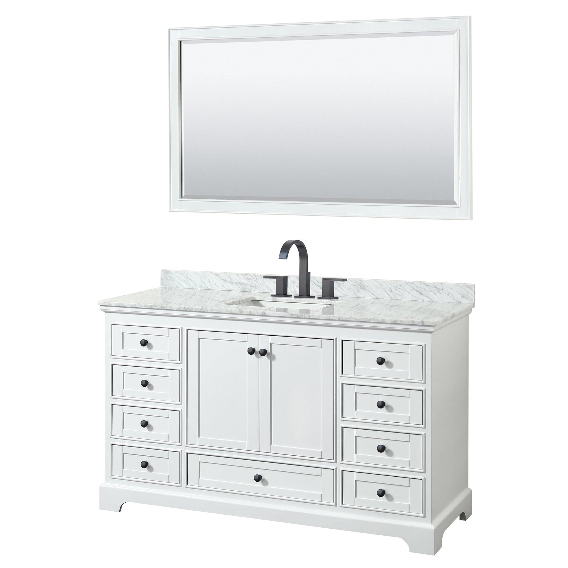 Wyndham Collection Deborah 60" Single Bathroom Vanity in White, White Carrara Marble Countertop, Undermount Square Sink, Matte Black Trim, 58" Mirror
