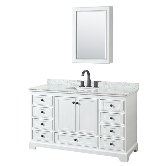 Wyndham Collection Deborah 60" Single Bathroom Vanity in White, White Carrara Marble Countertop, Undermount Square Sink, Matte Black Trim, Medicine Cabinet