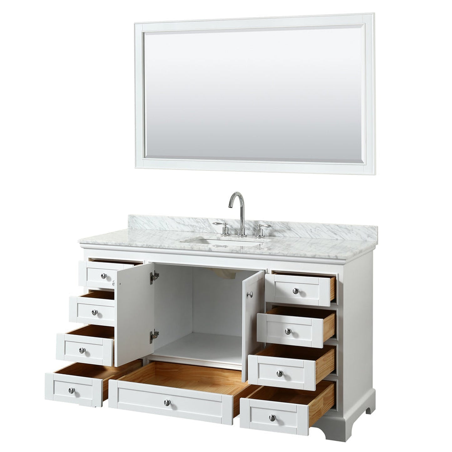 Wyndham Collection Deborah 60" Single Bathroom Vanity in White, White Carrara Marble Countertop, Undermount Square Sink, and 58" Mirror