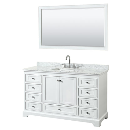 Wyndham Collection Deborah 60" Single Bathroom Vanity in White, White Carrara Marble Countertop, Undermount Square Sink, and 58" Mirror