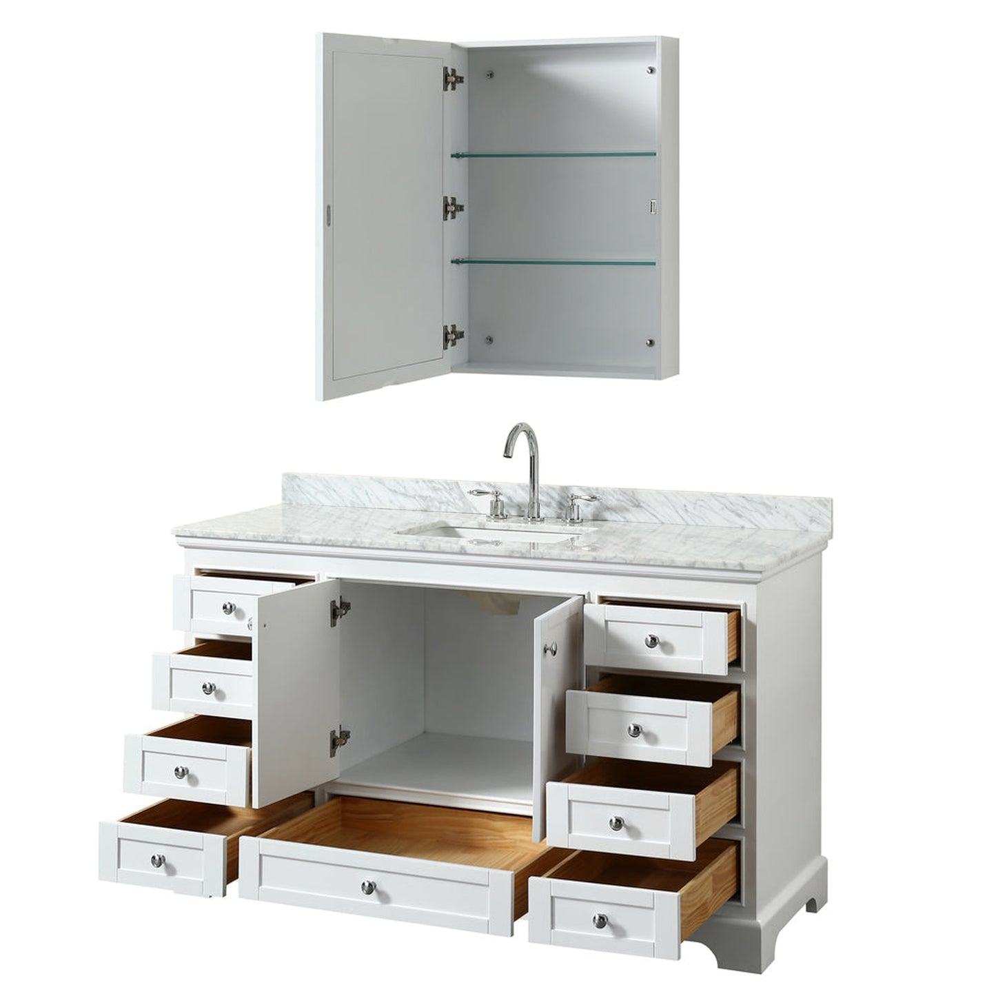 Wyndham Collection Deborah 60" Single Bathroom Vanity in White, White Carrara Marble Countertop, Undermount Square Sink, and Medicine Cabinet