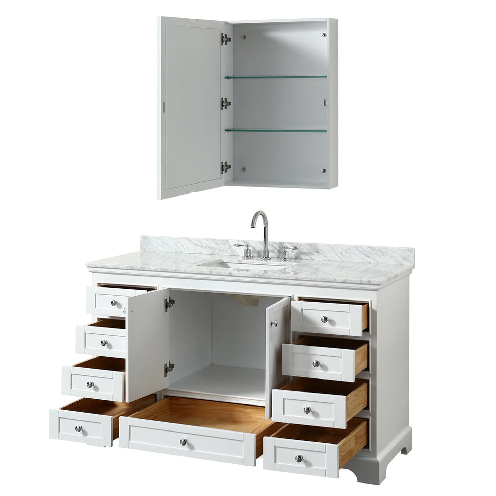 Wyndham Collection Deborah 60" Single Bathroom Vanity in White, White Carrara Marble Countertop, Undermount Square Sink, and Medicine Cabinet