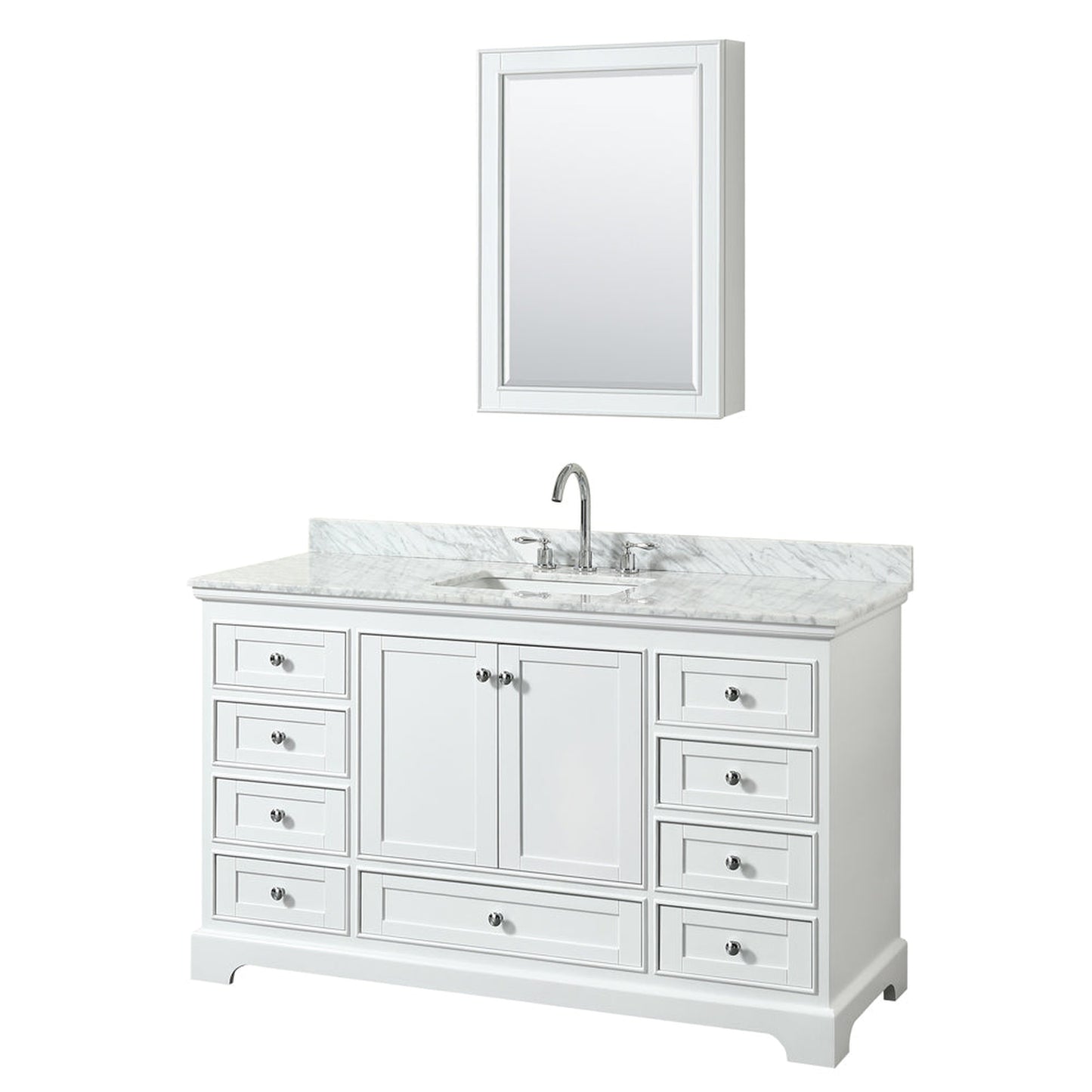 Wyndham Collection Deborah 60" Single Bathroom Vanity in White, White Carrara Marble Countertop, Undermount Square Sink, and Medicine Cabinet