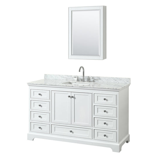 Wyndham Collection Deborah 60" Single Bathroom Vanity in White, White Carrara Marble Countertop, Undermount Square Sink, and Medicine Cabinet