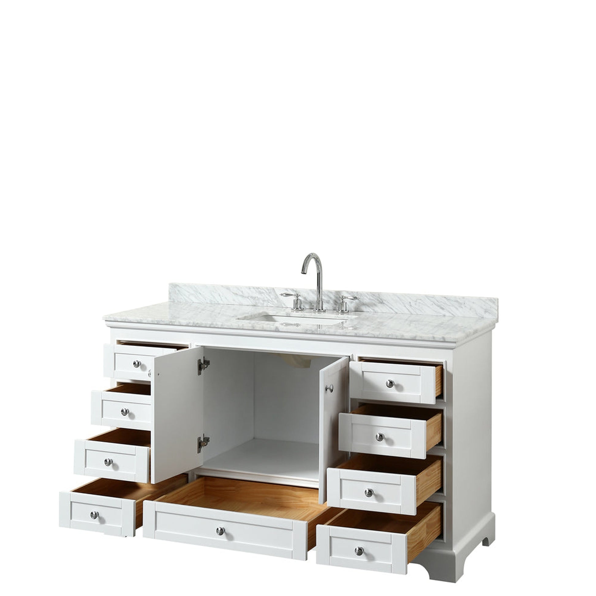 Wyndham Collection Deborah 60" Single Bathroom Vanity in White, White Carrara Marble Countertop, Undermount Square Sink, and No Mirror