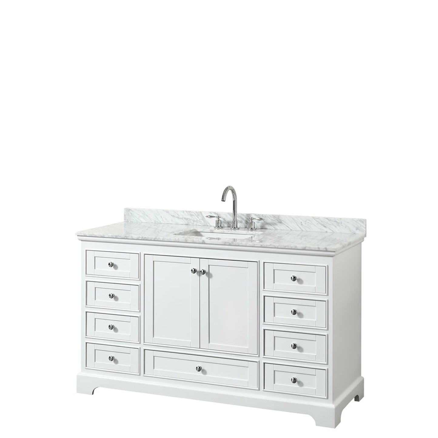 Wyndham Collection Deborah 60" Single Bathroom Vanity in White, White Carrara Marble Countertop, Undermount Square Sink, and No Mirror