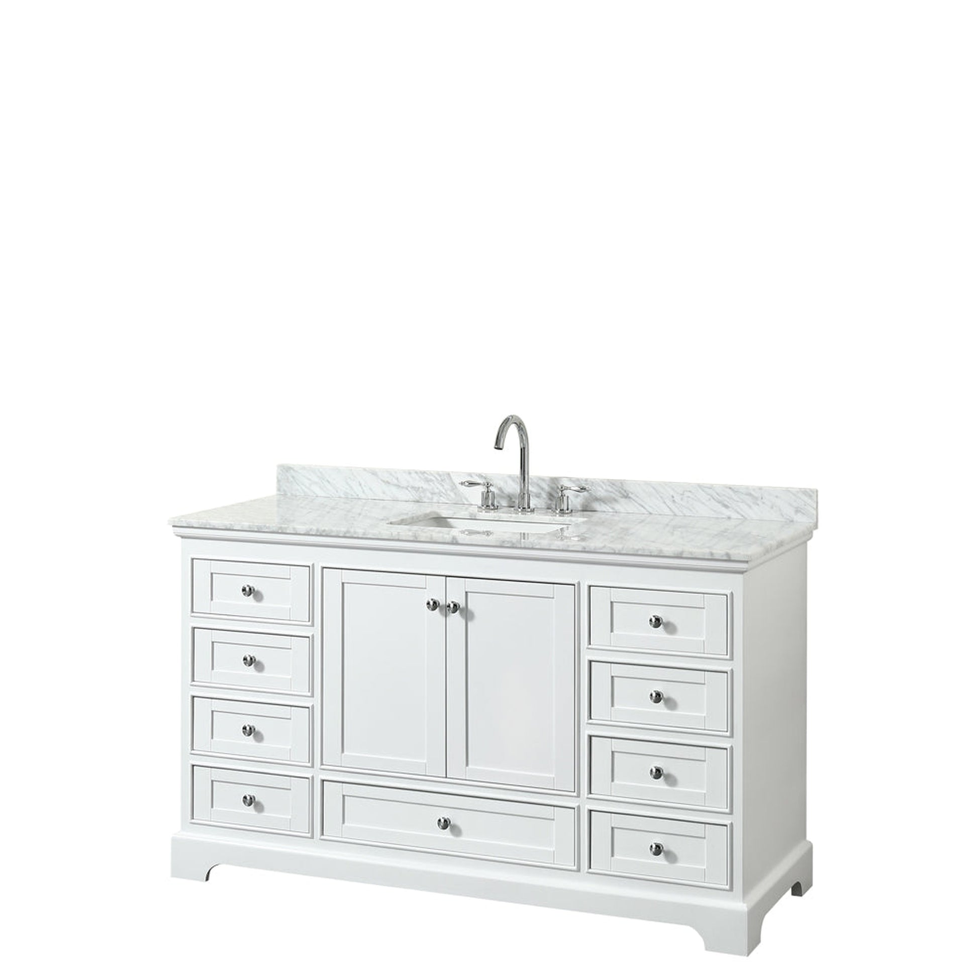 Wyndham Collection Deborah 60" Single Bathroom Vanity in White, White Carrara Marble Countertop, Undermount Square Sink, and No Mirror