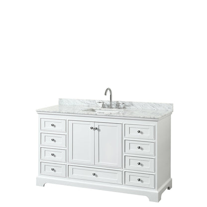 Wyndham Collection Deborah 60" Single Bathroom Vanity in White, White Carrara Marble Countertop, Undermount Square Sink, and No Mirror